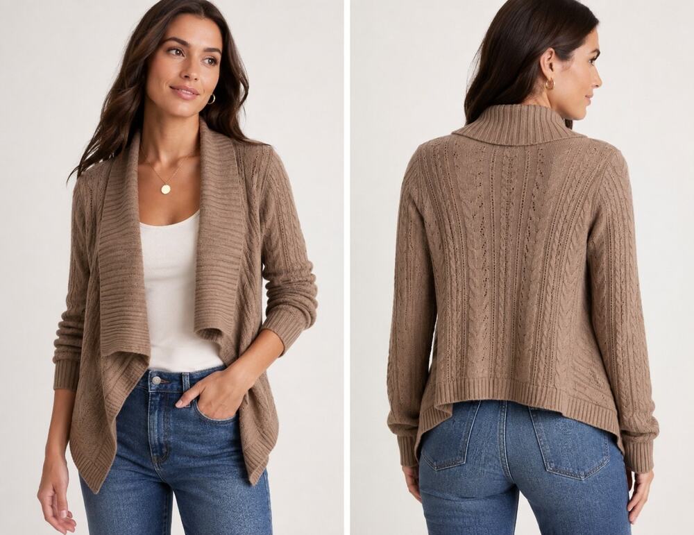 Banana Republic Wool Blend Cable Knit Open Front Cardigan Sweater Brown S